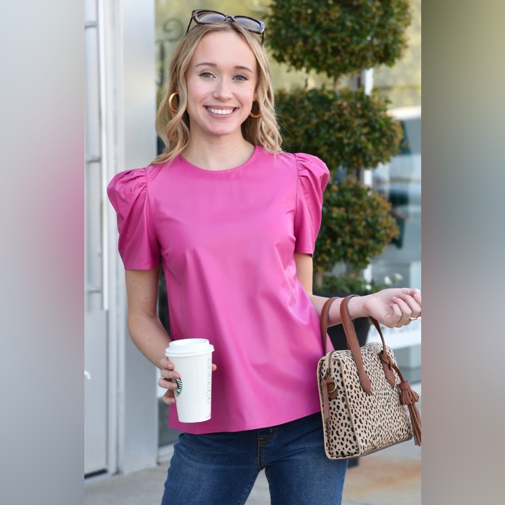 THML Faux Leather Pink Puff Sleeve Top
